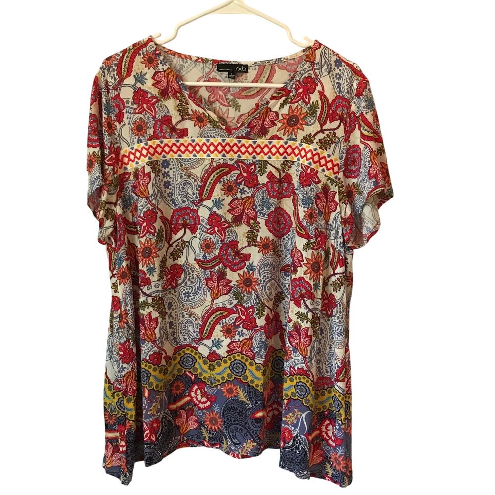 RXB Blouse Large Womens Multicolor Paisley Floral Gauze Short Sleeve Cool Flowy